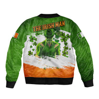 Unisex bomber jacket with ribbed collar, green sleeves, black trims, and back graphic print