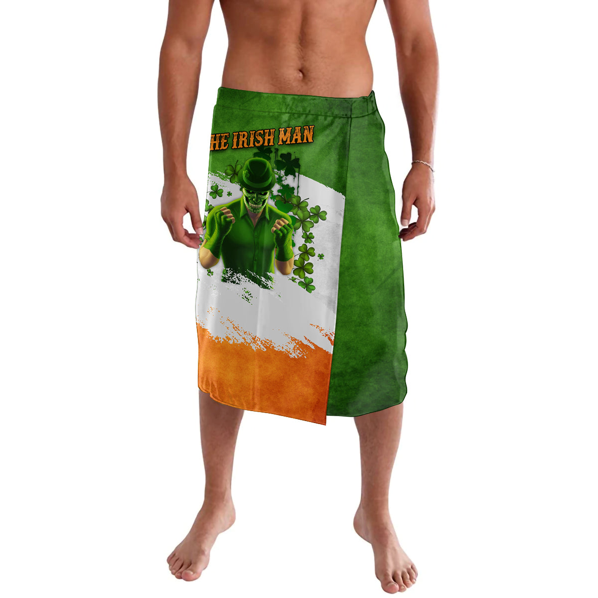 Green lavalava sarong with “The Irish Man” graphic and orange lower panel