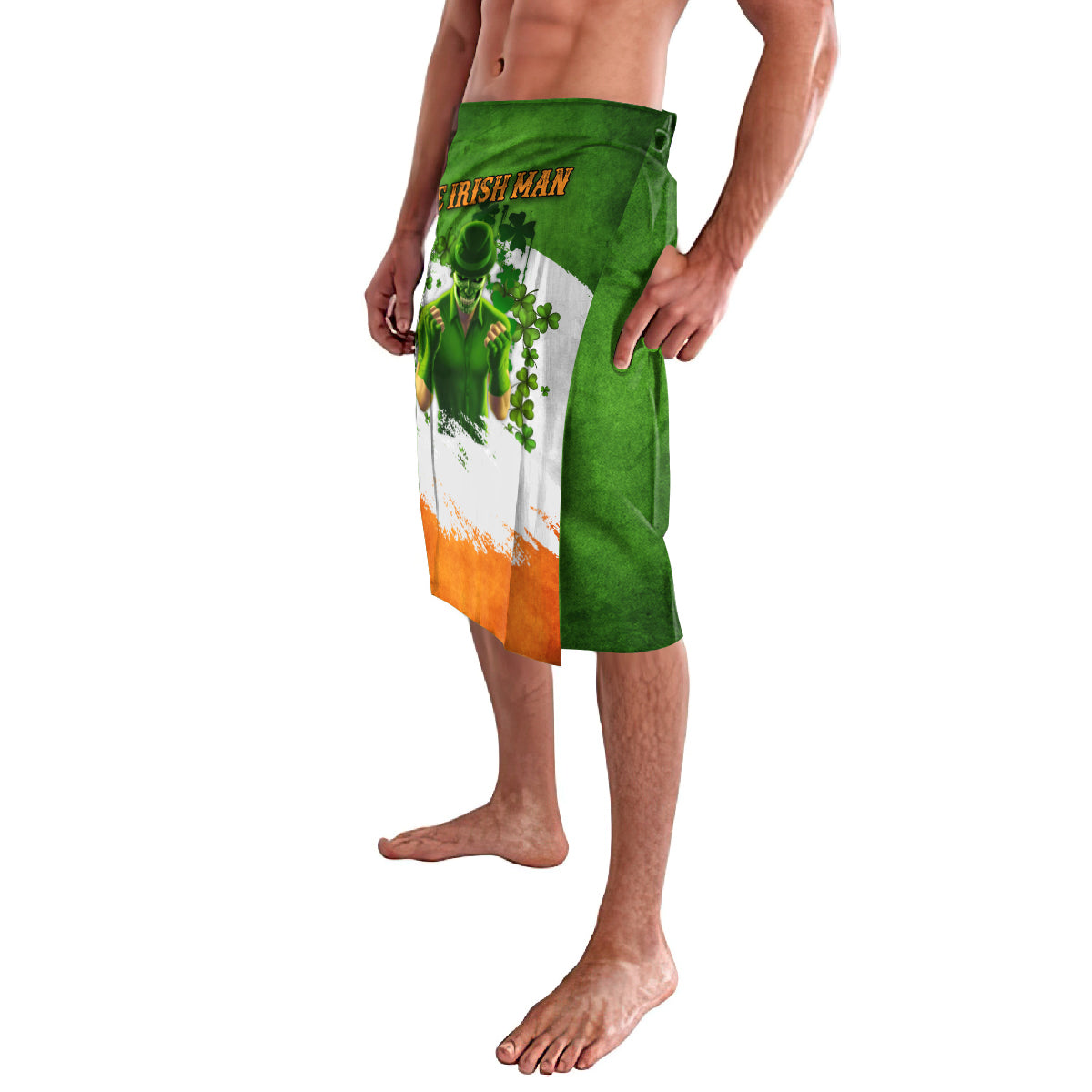 Green lavalava sarong with side graphic panel and orange hem