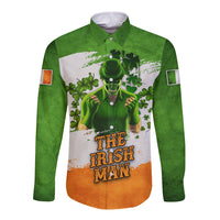 Green long-sleeve button shirt with Irish-themed front print, shamrock skull and orange band