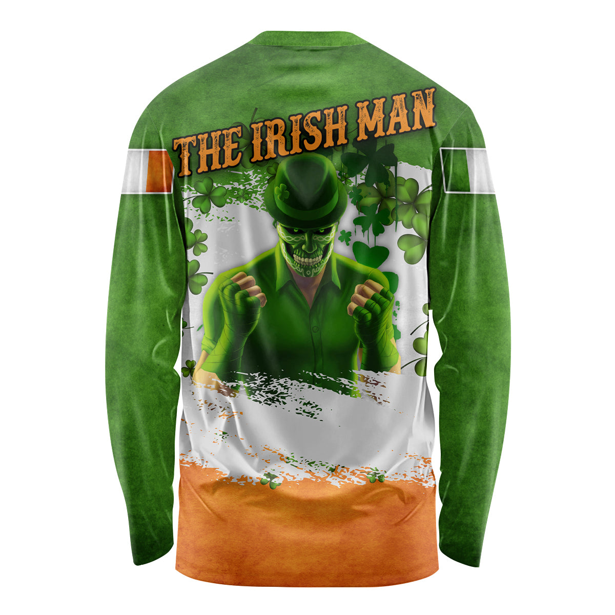 Green long sleeve shirt, back graphic with leprechaun, shamrocks, and “THE IRISH MAN”
