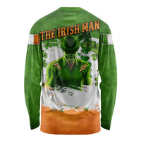 Green long sleeve shirt, back graphic with leprechaun, shamrocks, and “THE IRISH MAN”