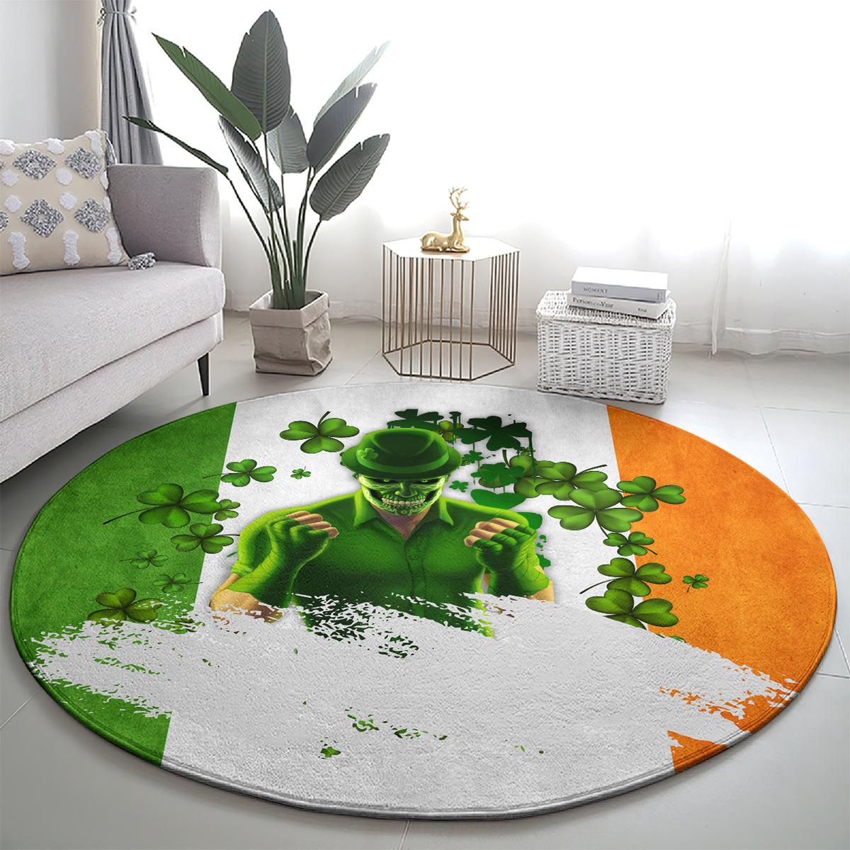 Round carpet with green clovers, skull portrait, and orange-green split border on gray