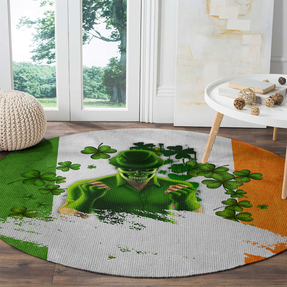 Round area rug with green clovers and skull portrait on multicolor circular design