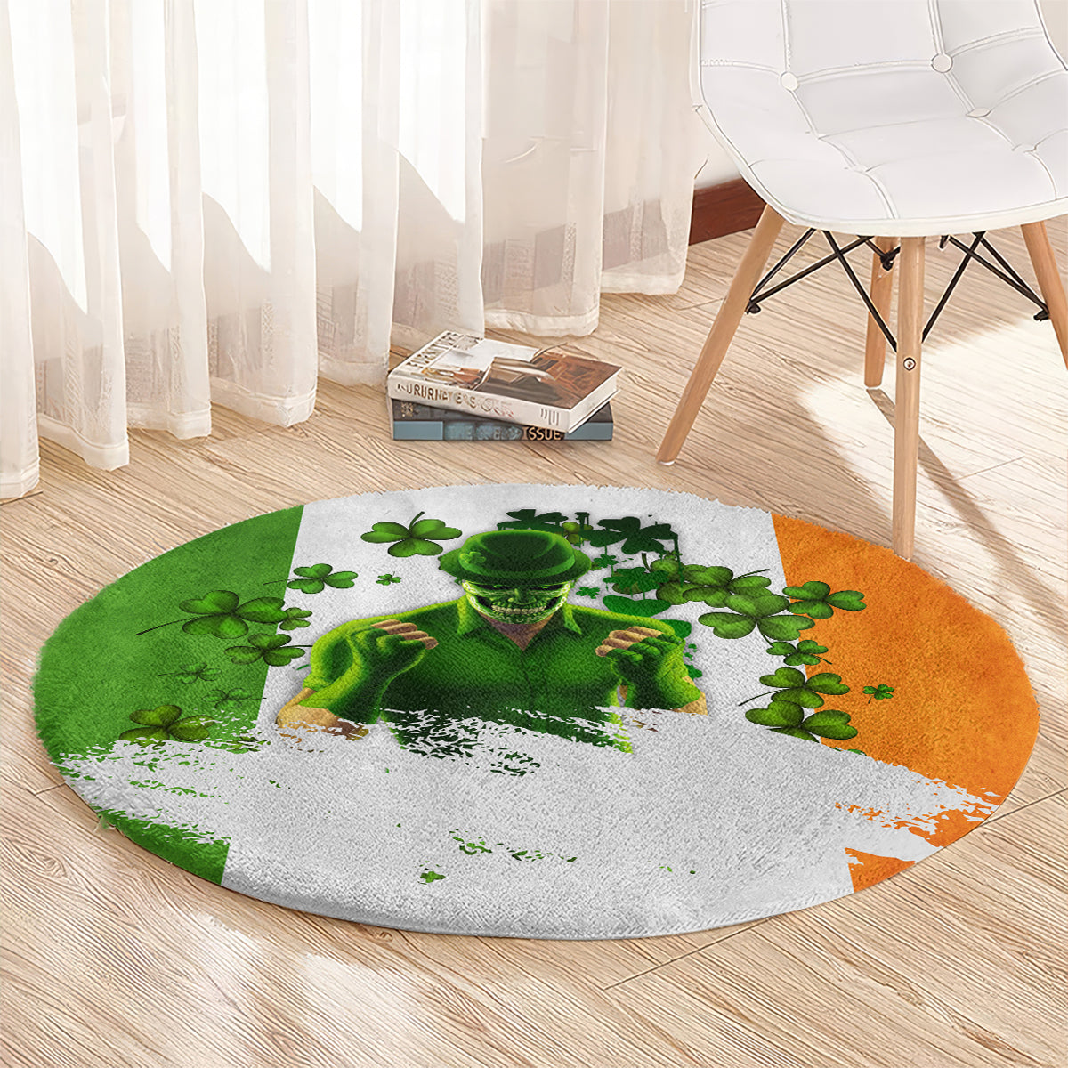 Round rug featuring green shamrocks, gray base, and orange border around skull artwork