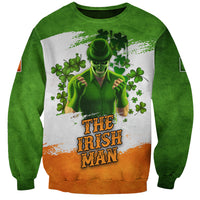 Green unisex sweatshirt with skull leprechaun graphic and large center text THE IRISH MAN