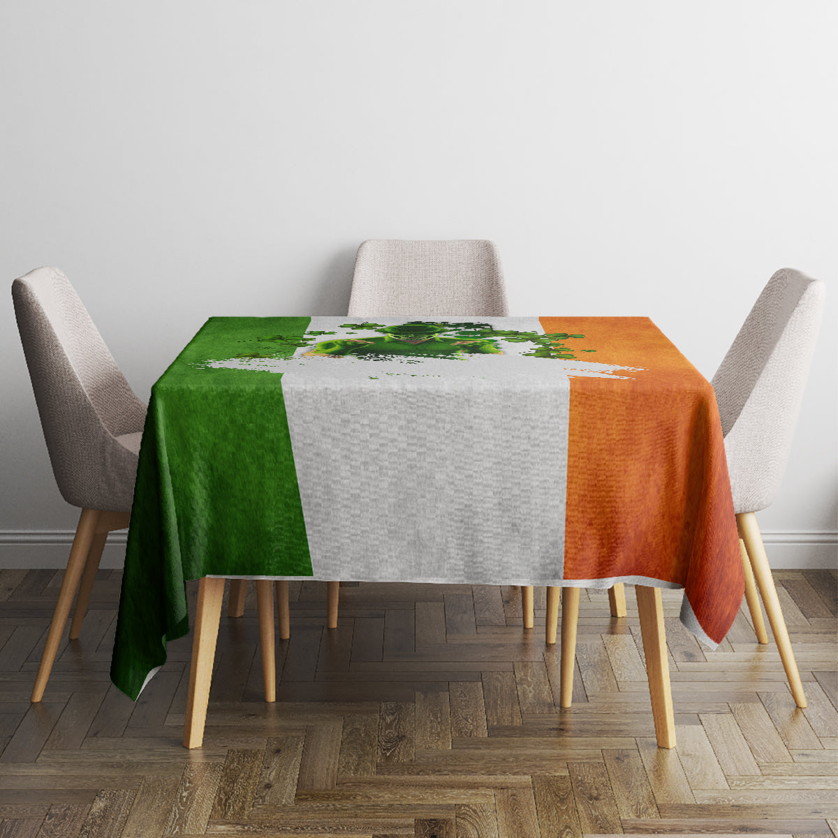 Multicolor tablecloth with green, white, and orange blocks and shamrock print.