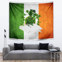 Irish wall tapestry: green-white-orange flag with green leprechaun and clover accents