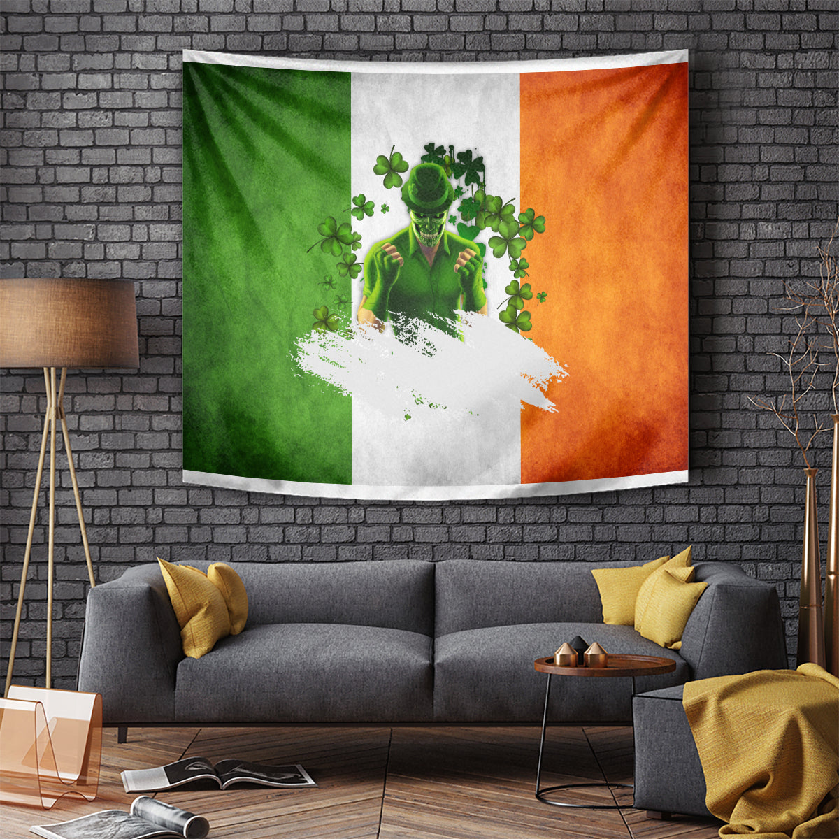 Irish wall tapestry with green-white-orange tricolor and central leprechaun portrait