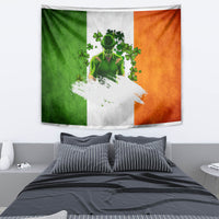 Irish wall tapestry showing a green leprechaun with clovers on a green-white-orange background