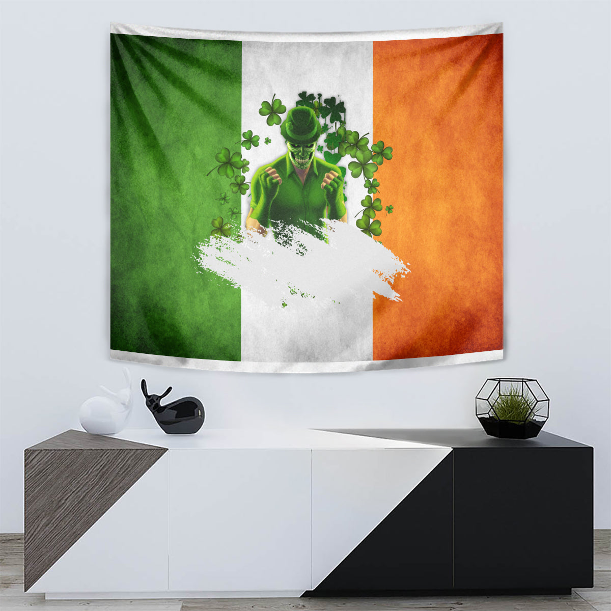 Irish wall tapestry with green-white-orange panels and leprechaun surrounded by green clovers