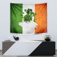 Irish wall tapestry with green-white-orange panels and leprechaun surrounded by green clovers