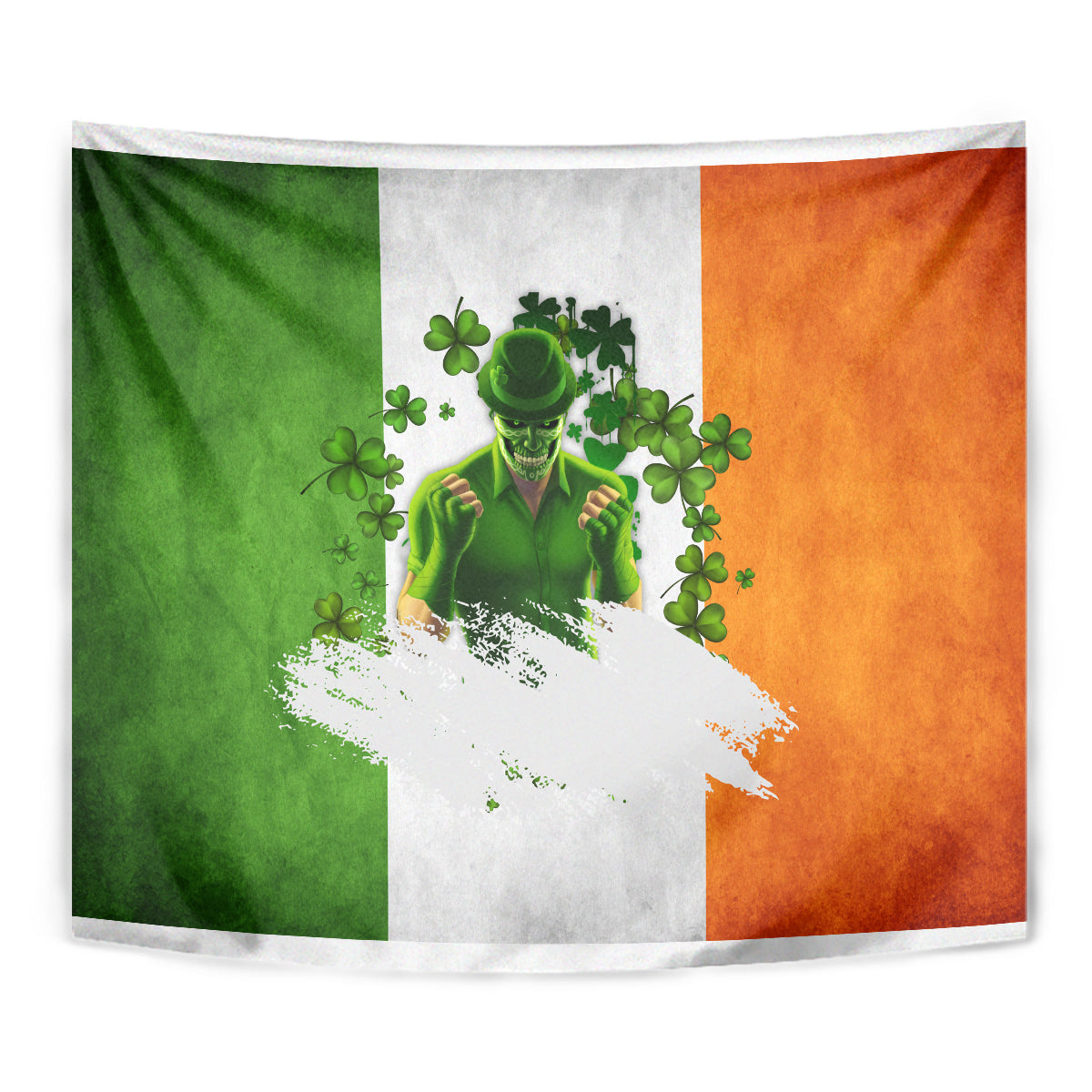 Irish wall tapestry close-up: green leprechaun and clover details over green-white-orange panels