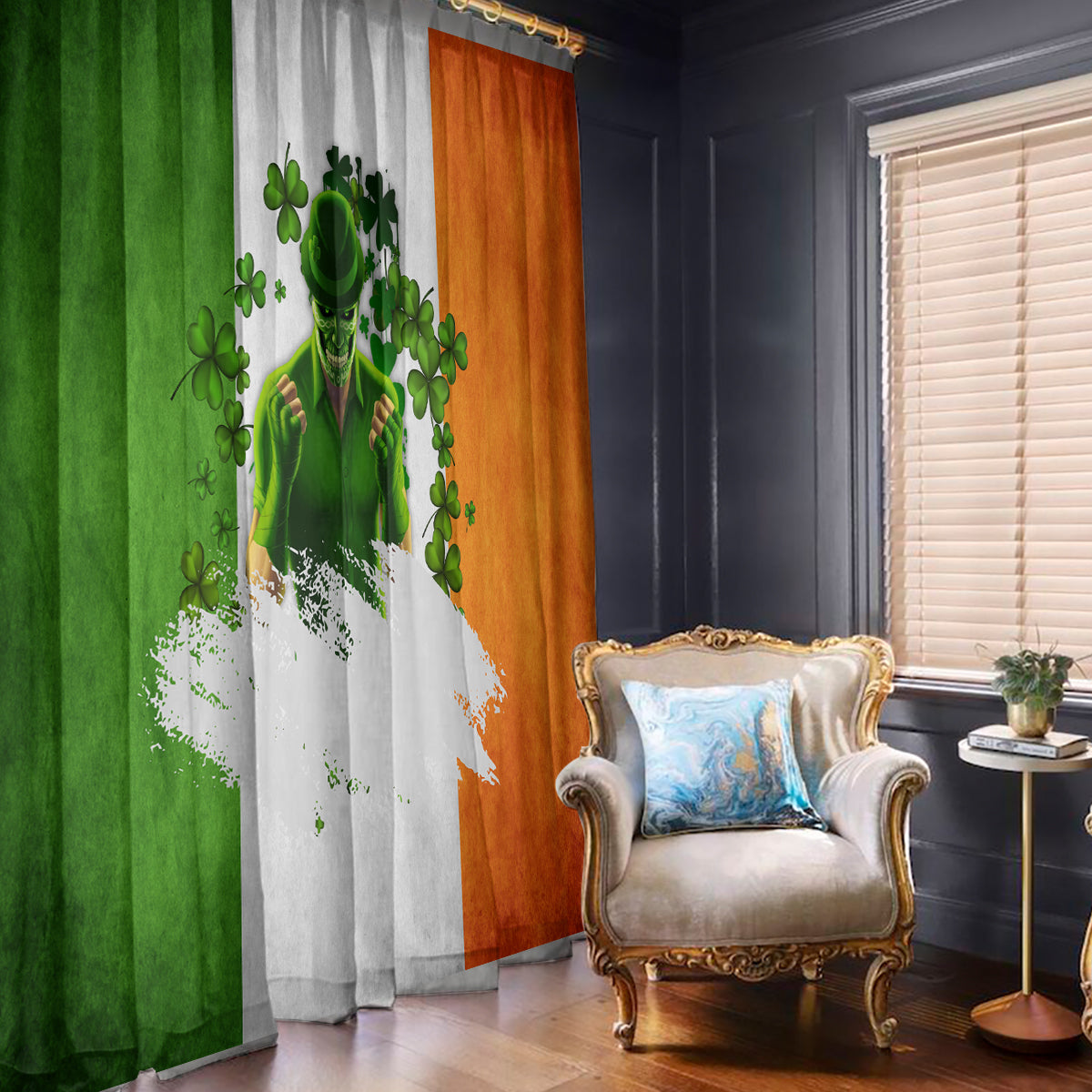 Window curtain set in green and orange with white clover print beside a decorative chair