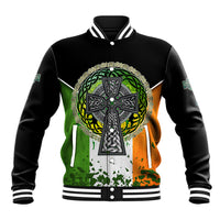 Multicolor baseball jacket, black; Celtic cross crest with green shamrock details, ribbed collar