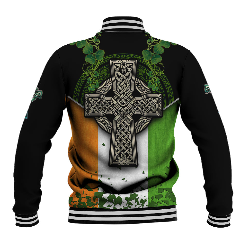 Multicolor baseball jacket, black sleeves; Celtic cross and shamrock graphic, ribbed cuffs