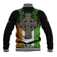 Multicolor baseball jacket, black sleeves; Celtic cross and shamrock graphic, ribbed cuffs