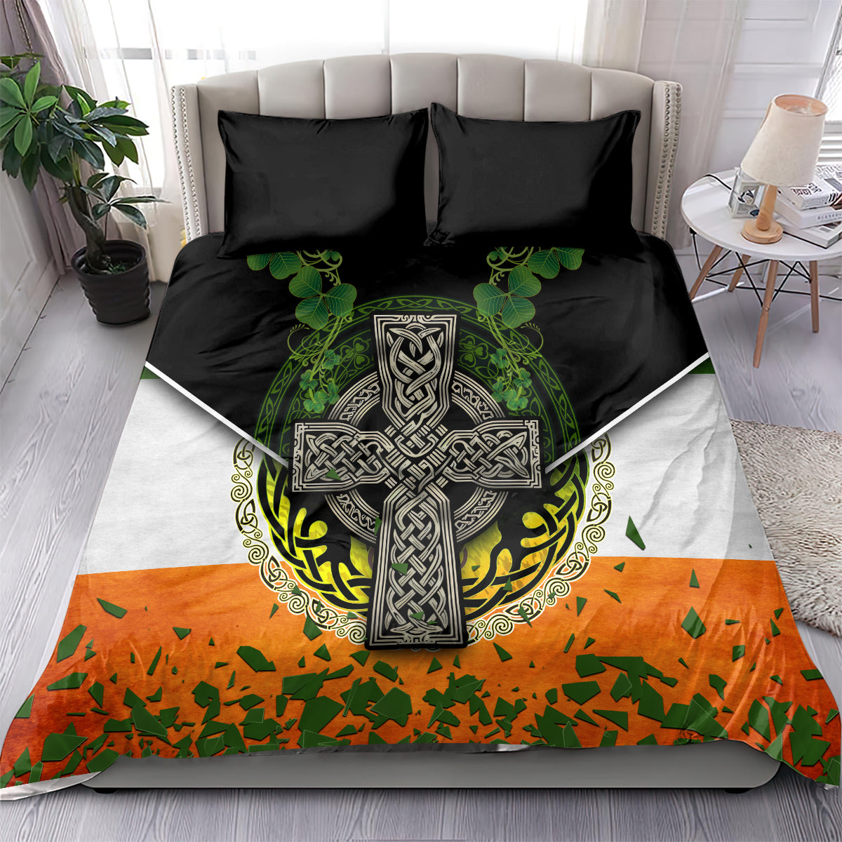 Bedding set: black duvet with green shamrocks, Irish cross emblem, and orange flag confetti
