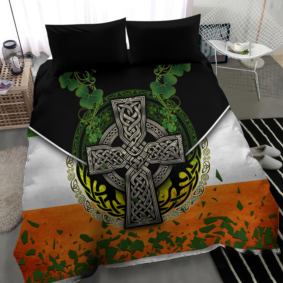 Black duvet cover with Celtic cross design, green leaves and shamrocks, orange flag accents
