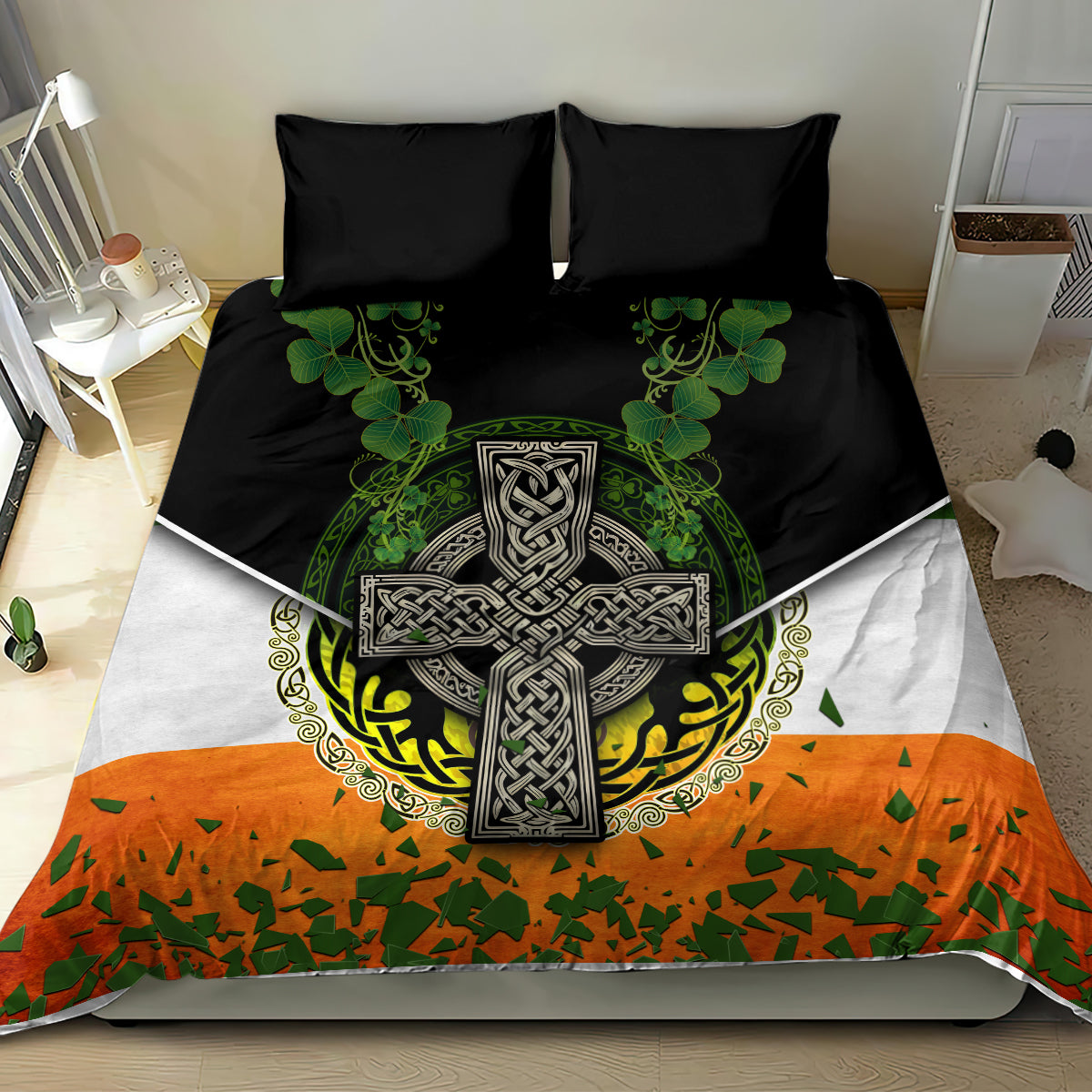 Irish flag-style bedding set with black base, green shamrocks, Celtic cross center, two pillows