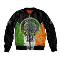 Black zip-up bomber jacket with Celtic cross and ornate shamrock graphic over Irish flag colors