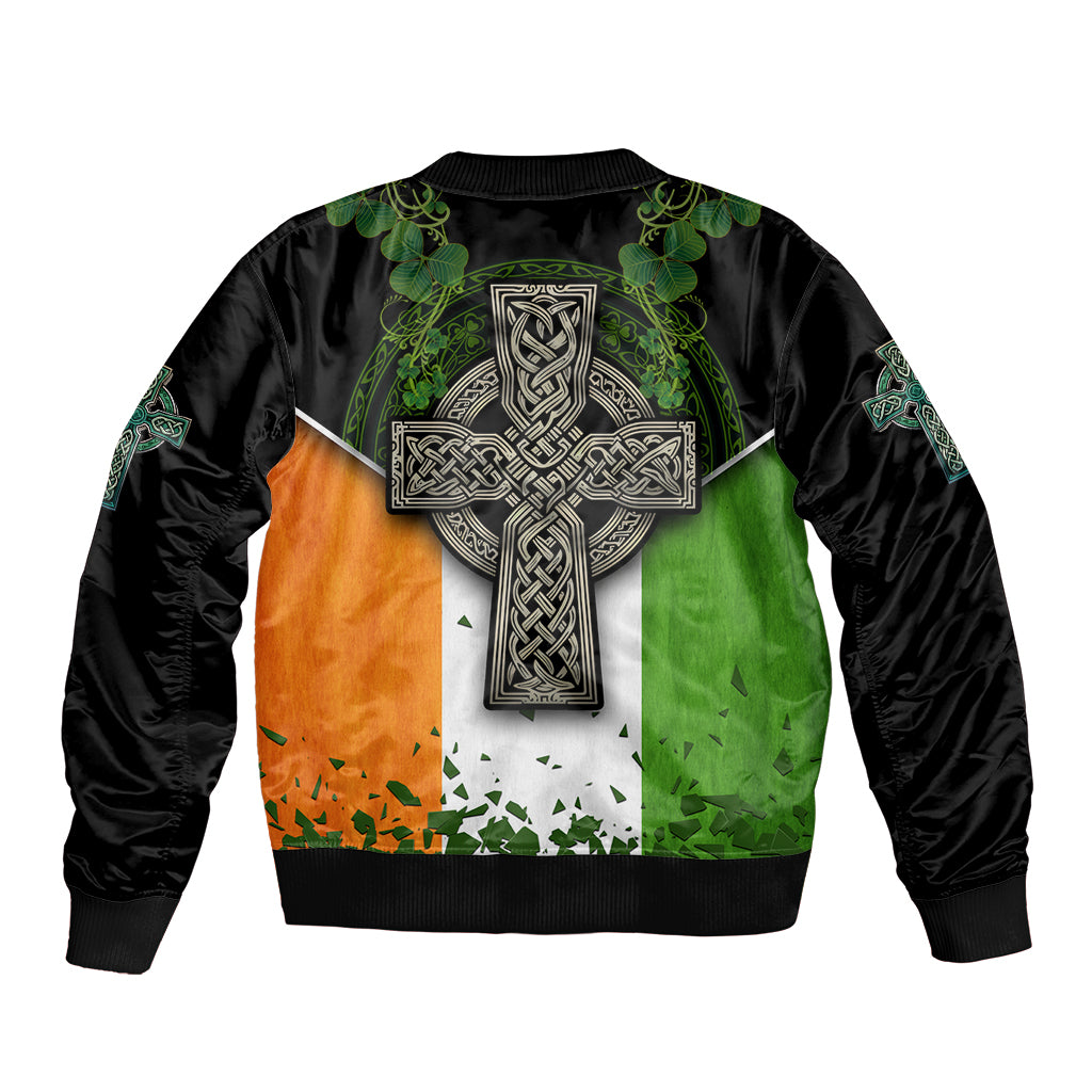 Black bomber jacket with Irish flag panel, Celtic cross and shamrock graphics, ribbed hem