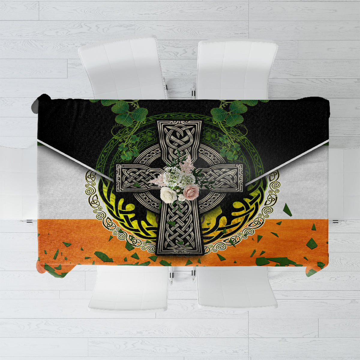 Irish-themed tablecloth with Irish cross, shamrocks, and flag-style multicolor print.
