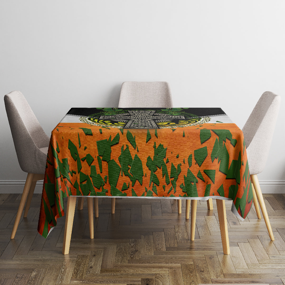 Irish-themed tablecloth covering dining table with orange green shamrock pattern and black top band.