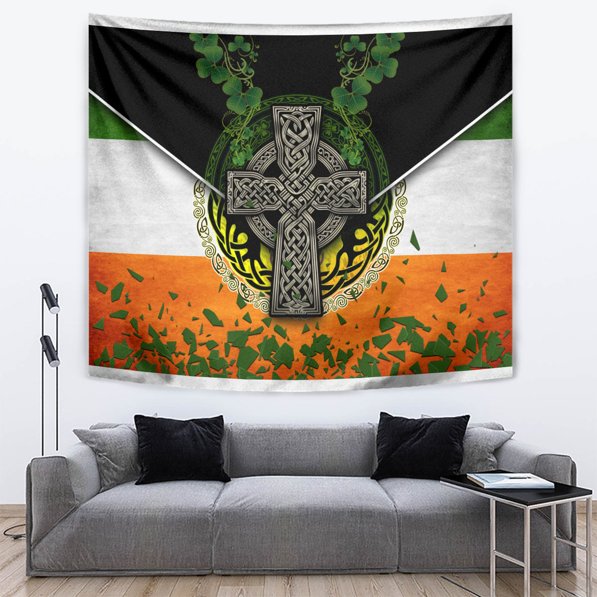 Irish cross tapestry wall hanging with green clover and orange confetti pattern