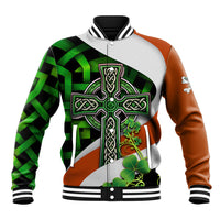 Multicolor baseball jacket with zip front, Irish cross and clover graphic, striped cuffs