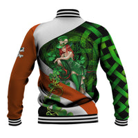 Multicolor baseball jacket with large Irish-themed leprechaun graphic on back and striped trim