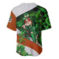 Multicolor baseball jersey with green Irish cross, shamrocks, and v-neck collar
