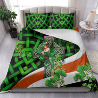 Irish bedding set with green woven stripes, orange diagonal band, clovers and lucky girl panel