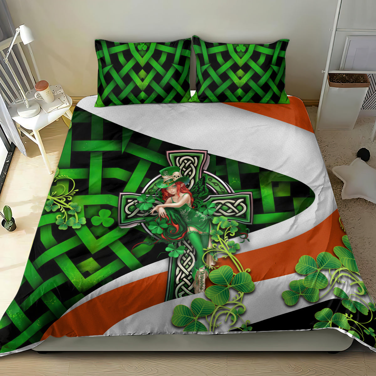 Irish bedding set with green woven design, orange diagonal band, shamrocks and lucky girl graphic
