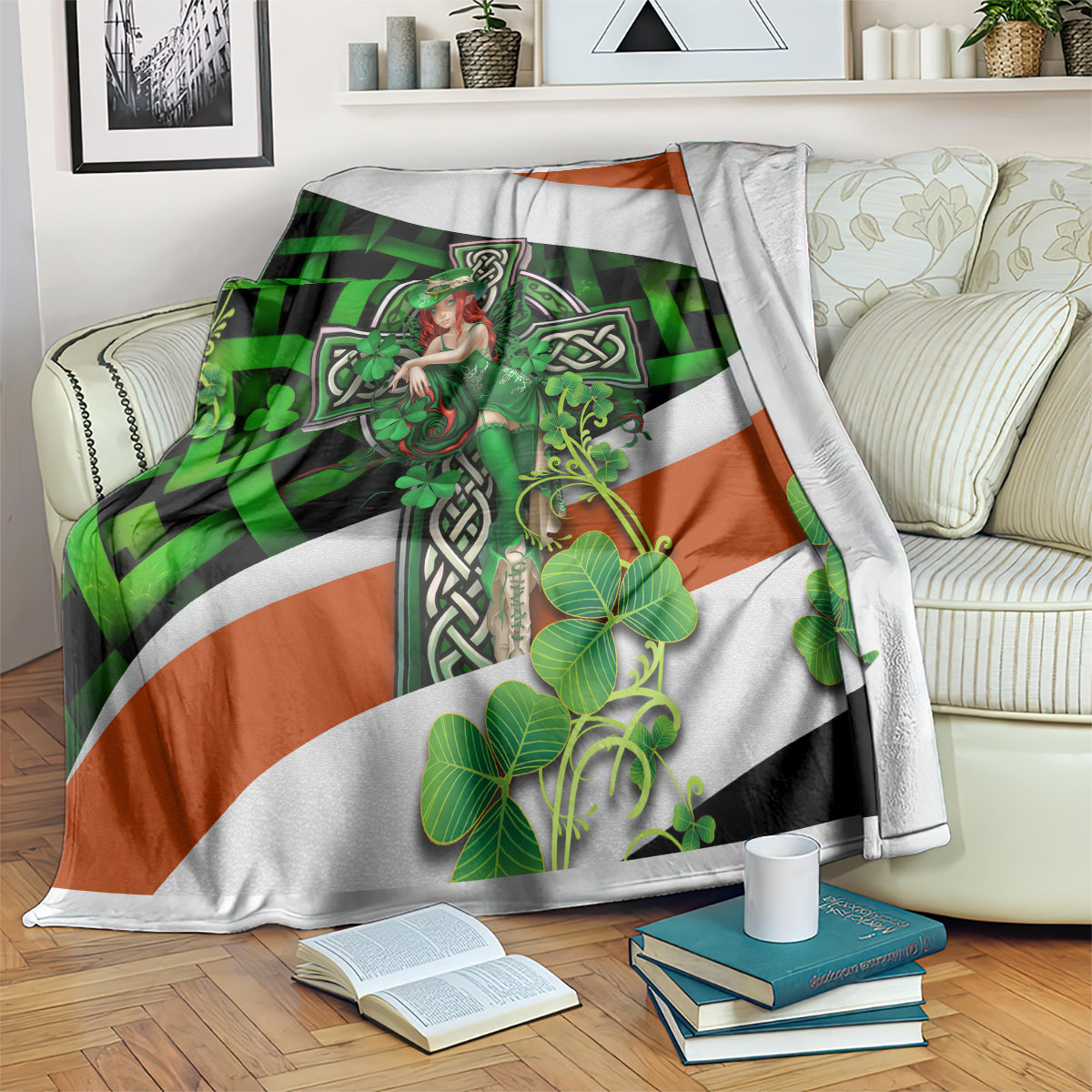 Multicolor Irish cross lucky girl blanket with green check pattern, clovers, and figure