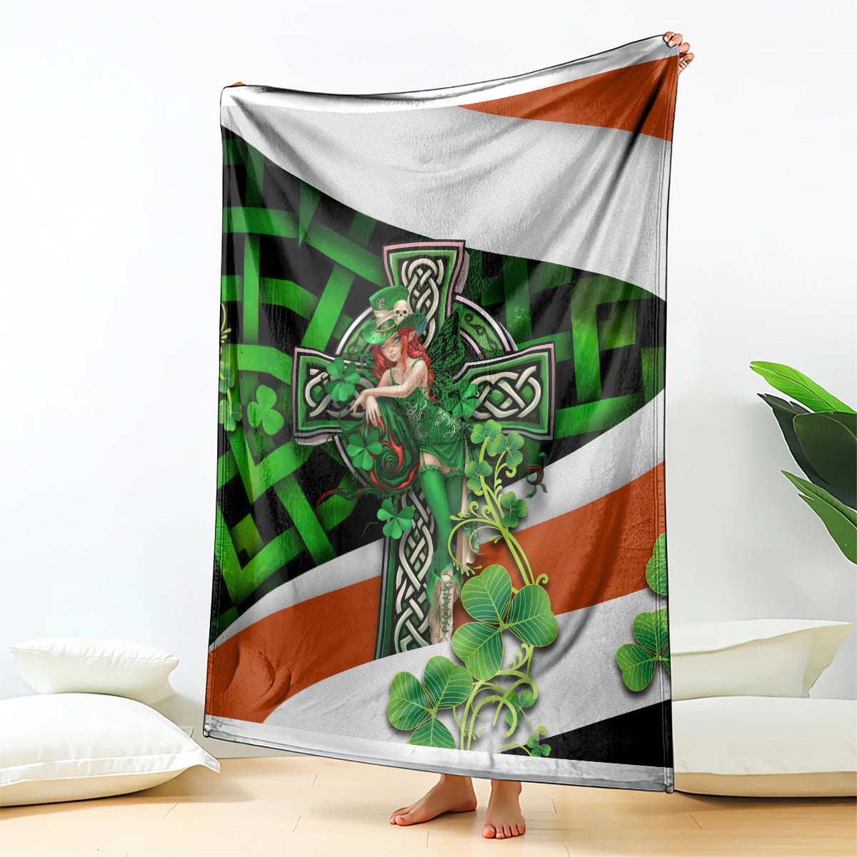 Multicolor Irish cross lucky girl blanket featuring green clovers, figure, and tricolor stripes
