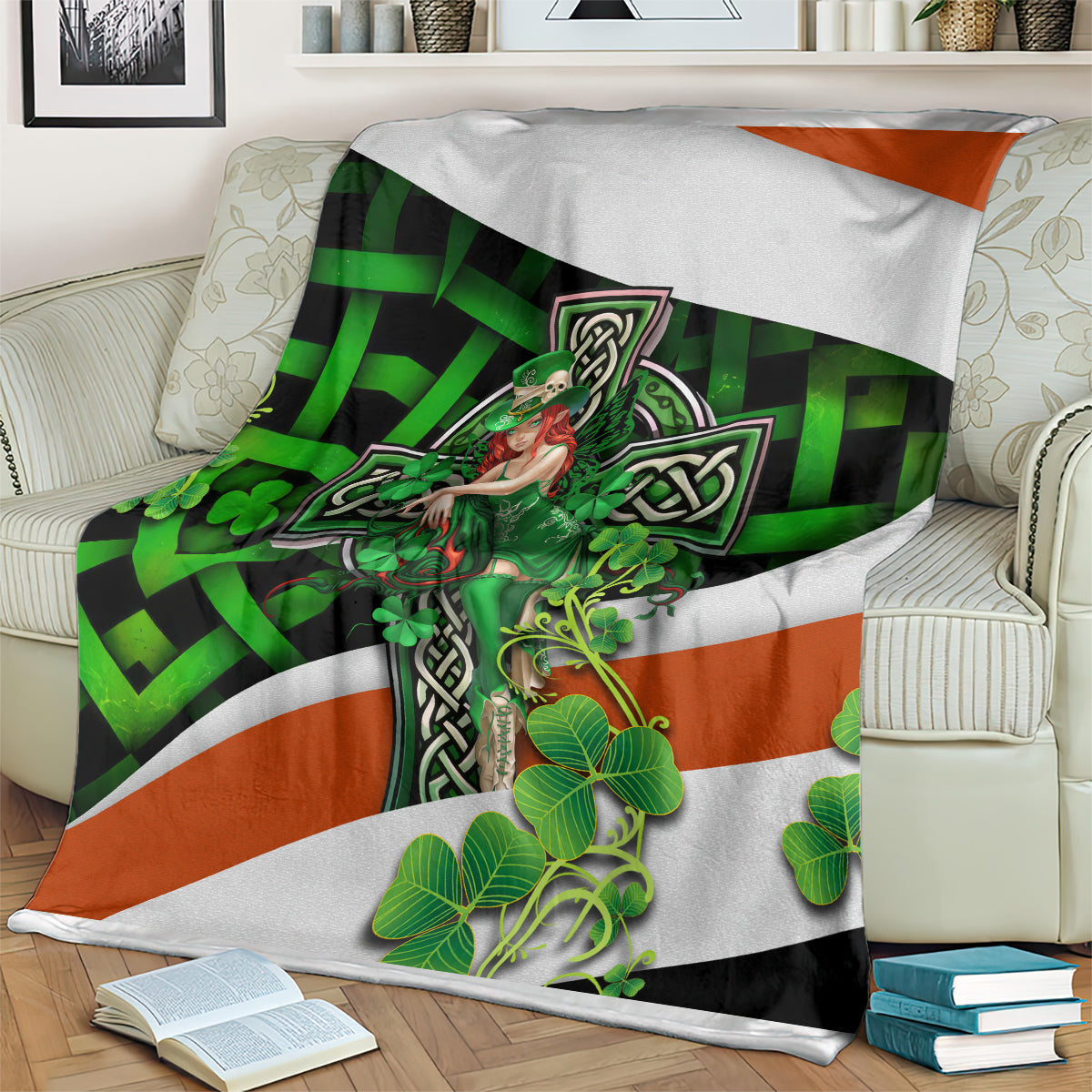 Irish cross lucky girl blanket in multicolor with green check design, clovers, and central figure