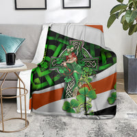 Multicolor Irish cross lucky girl blanket with green clovers, tricolor stripes, and woman figure