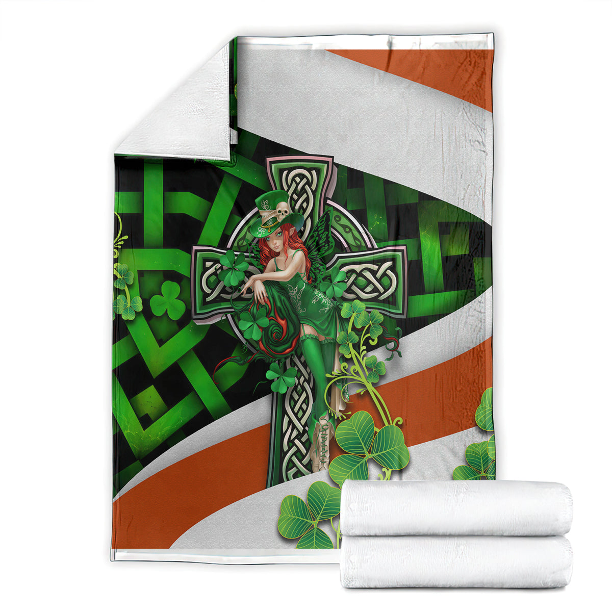 Packshot: multicolor Irish cross lucky girl blanket with clovers, figure, and green check pattern