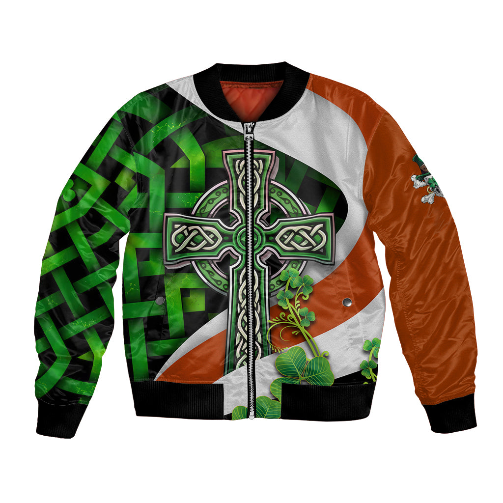 Unisex bomber jacket, front zip with central Irish cross design and green clover details