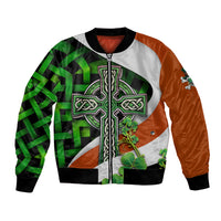 Unisex bomber jacket, front zip with central Irish cross design and green clover details