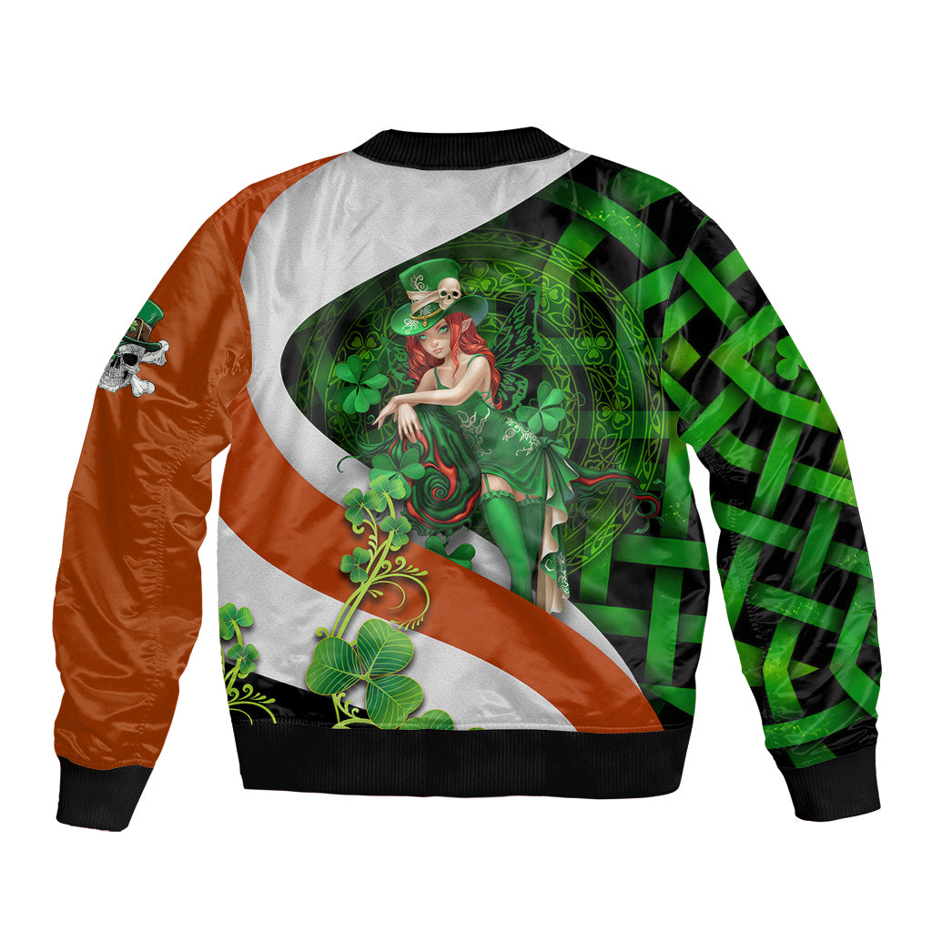 Unisex bomber jacket with black ribbed collar and sleeve cuffs, multicolor Irish cross graphic