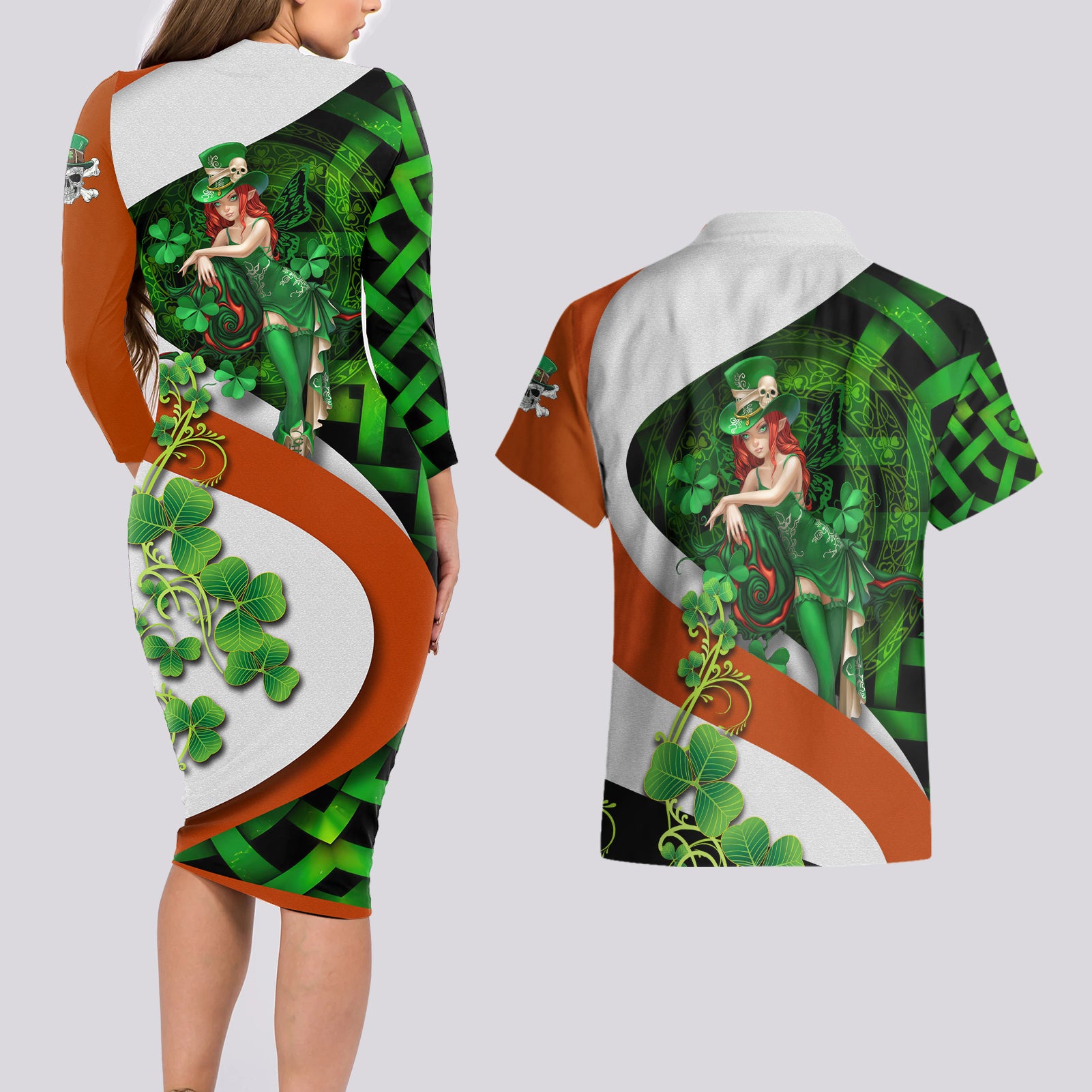 Patrick Day - Irish Cross - Lucky Girl Couples Matching Long Sleeve Bodycon Dress and Hawaiian Shirt - Wonder Print Shop