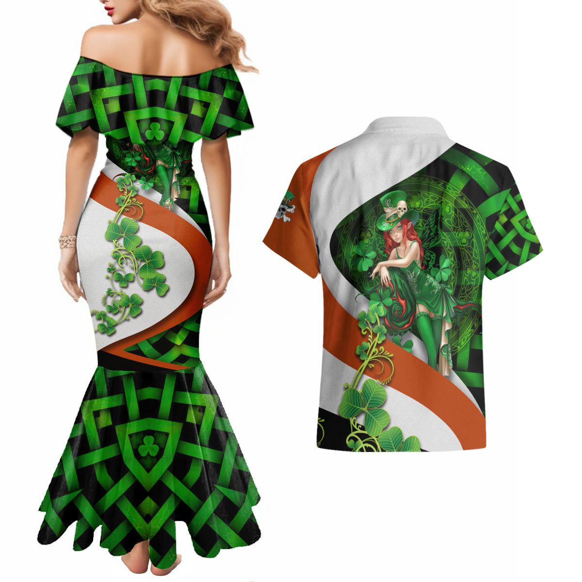 Patrick Day - Irish Cross - Lucky Girl Couples Matching Mermaid Dress and Hawaiian Shirt - Wonder Print Shop