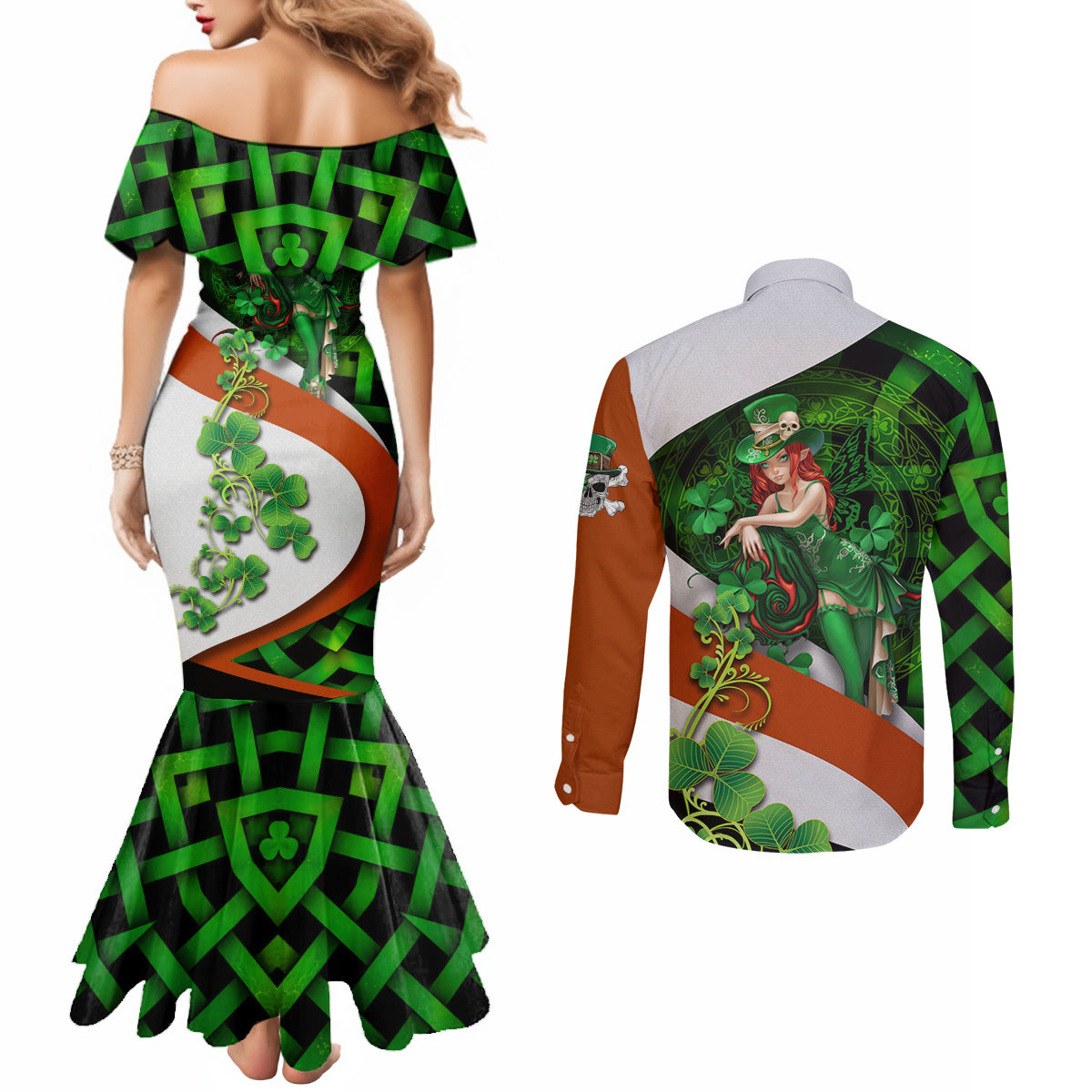 Patrick Day - Irish Cross - Lucky Girl Couples Matching Mermaid Dress and Long Sleeve Button Shirt