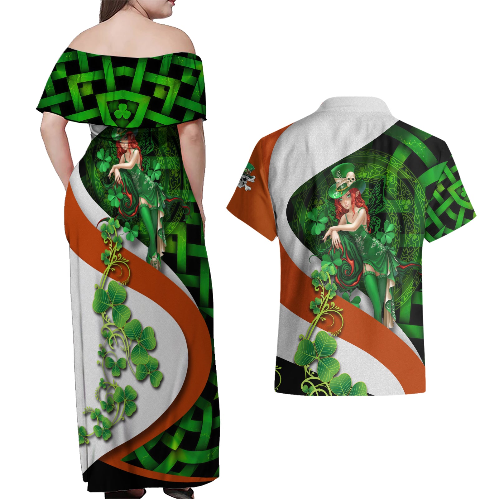 Patrick Day - Irish Cross - Lucky Girl Couples Matching Off Shoulder Maxi Dress and Hawaiian Shirt - Wonder Print Shop