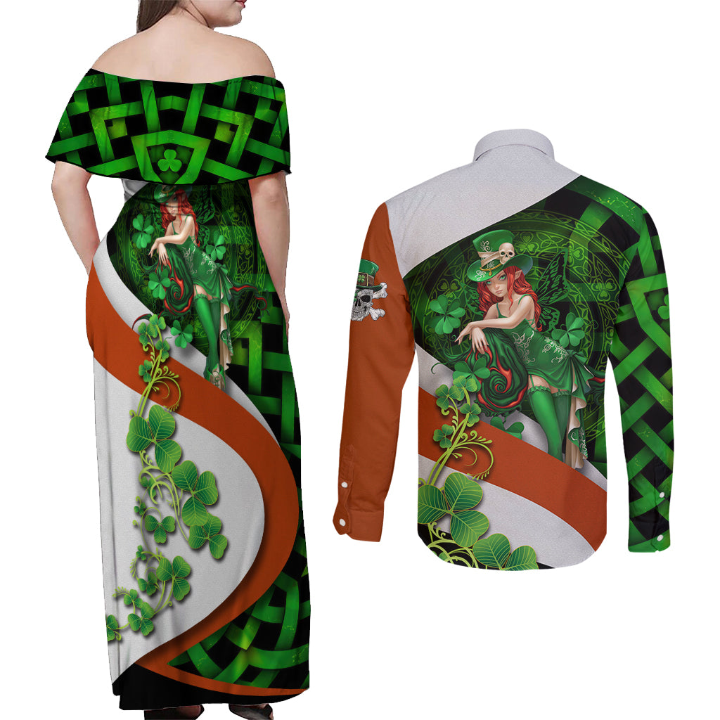 Patrick Day - Irish Cross - Lucky Girl Couples Matching Off Shoulder Maxi Dress and Long Sleeve Button Shirt - Wonder Print Shop