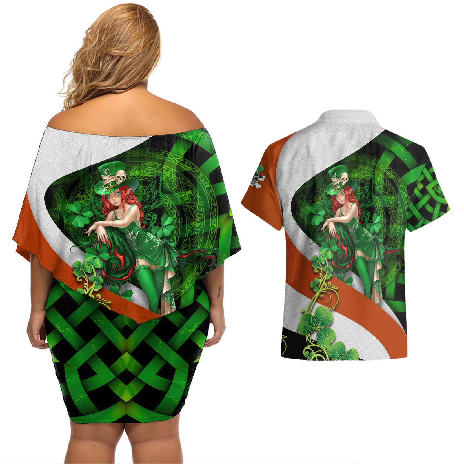 Patrick Day - Irish Cross - Lucky Girl Couples Matching Off Shoulder Short Dress and Hawaiian Shirt - Wonder Print Shop