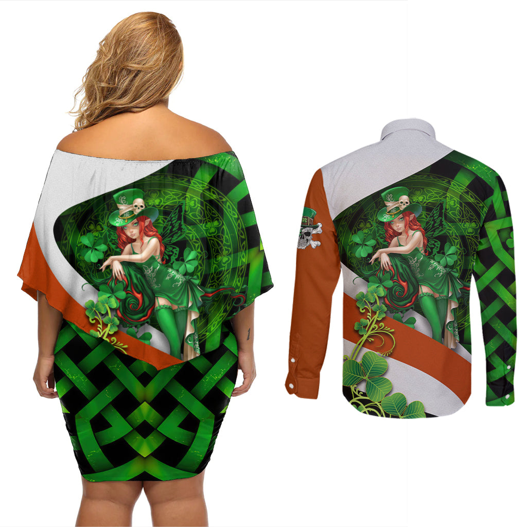 Patrick Day - Irish Cross - Lucky Girl Couples Matching Off Shoulder Short Dress and Long Sleeve Button Shirt - Wonder Print Shop