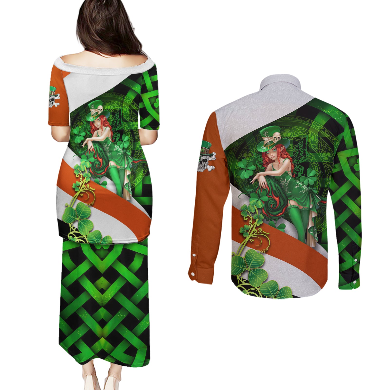 Patrick Day - Irish Cross - Lucky Girl Couples Matching Puletasi and Long Sleeve Button Shirt - Wonder Print Shop